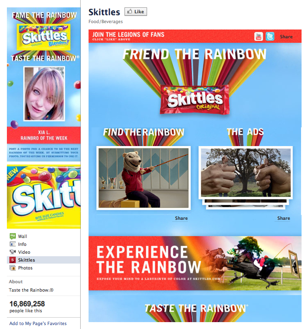 Skittles on Facebook has a great example of a good Facebook Welcome Tab