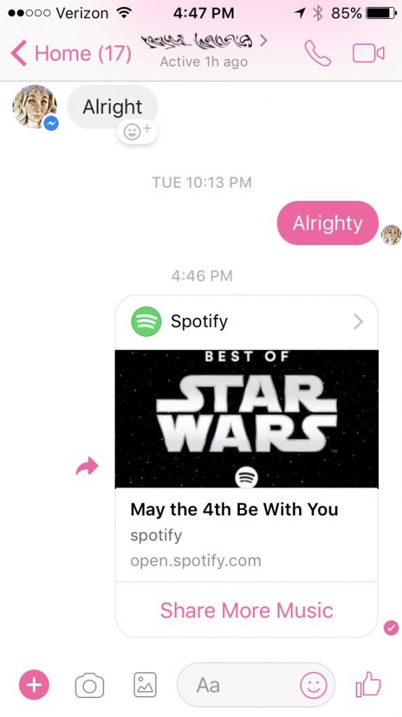 Spotify in Facebook Messenger available beginning at Facebook f8 2017 as listed with other apps, explained by Keri Jaehnig at Idea Girl Media